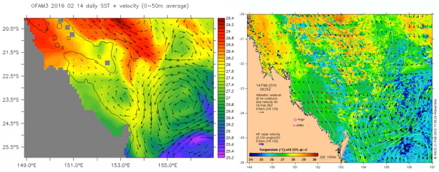 OFAM3 model and matching satellite ocean current for Southern GBR