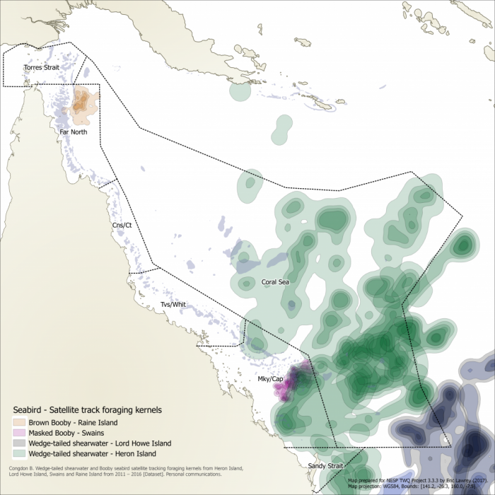 Map of seabird foraging kernels for the Great Barrier Reef and Coral Sea
