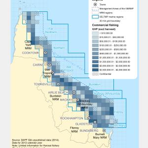 Commercial Fishing (Line, Net, Pot, Trawl, and Rocklobster (but no other harvest)) GVP within GBR fishing grids in 2013.