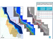Three maps, first showing water bodies extending out from the queensland coast, second showing chlorophyll levels and third showing areas exceeding the guideline thresholds