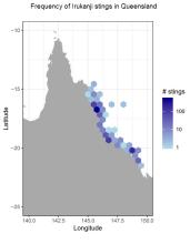 Map of frequency of Irukandji stings in Queensland
