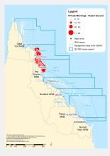 Map of private mooring in Qld (by vessel size, in metre)