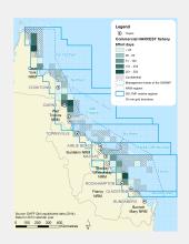 Commercial HARVEST Fishing Effort Days (# of days fished) within GBR fishing grids in 2013.