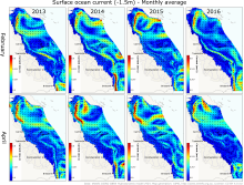 Monthly surface current for February and April in the GBR and Western Coral Sea