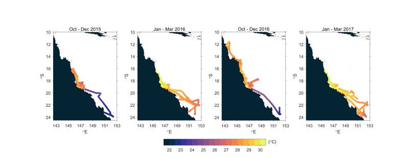AIMS R/V Cape Ferguson   voyage tracks and hourly-averaged temperature data from three-month periods from 2015-2017. 