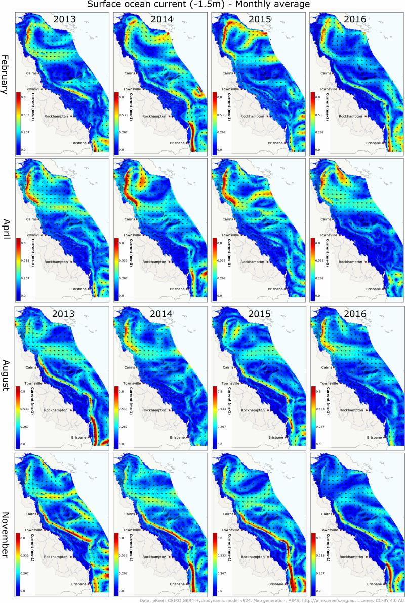 Monthly surface ocean current for the GBR and Coral sea (2013 - 2016) - eReefs 