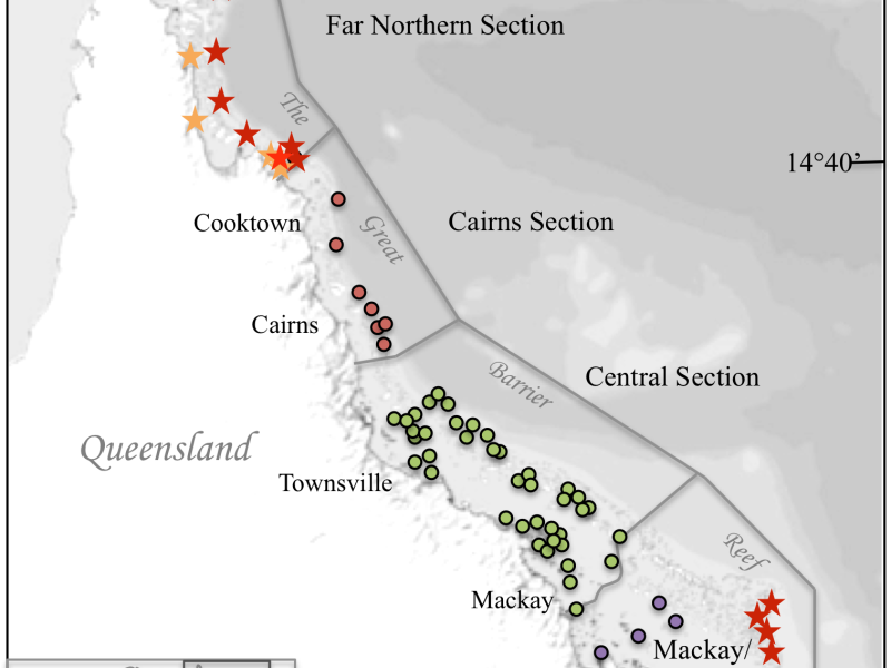 Map showing the sample locations of symbiodinium clade collections on the Great Barrier Reef