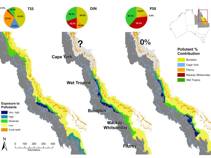 Map of pollutant surface exposure (TSS, chl-a and PSII herbicides) on the GBR coast