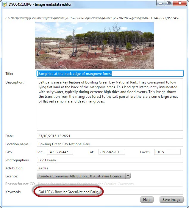 How to associate a photo with a gallery with the eAtlas Image Metadata application