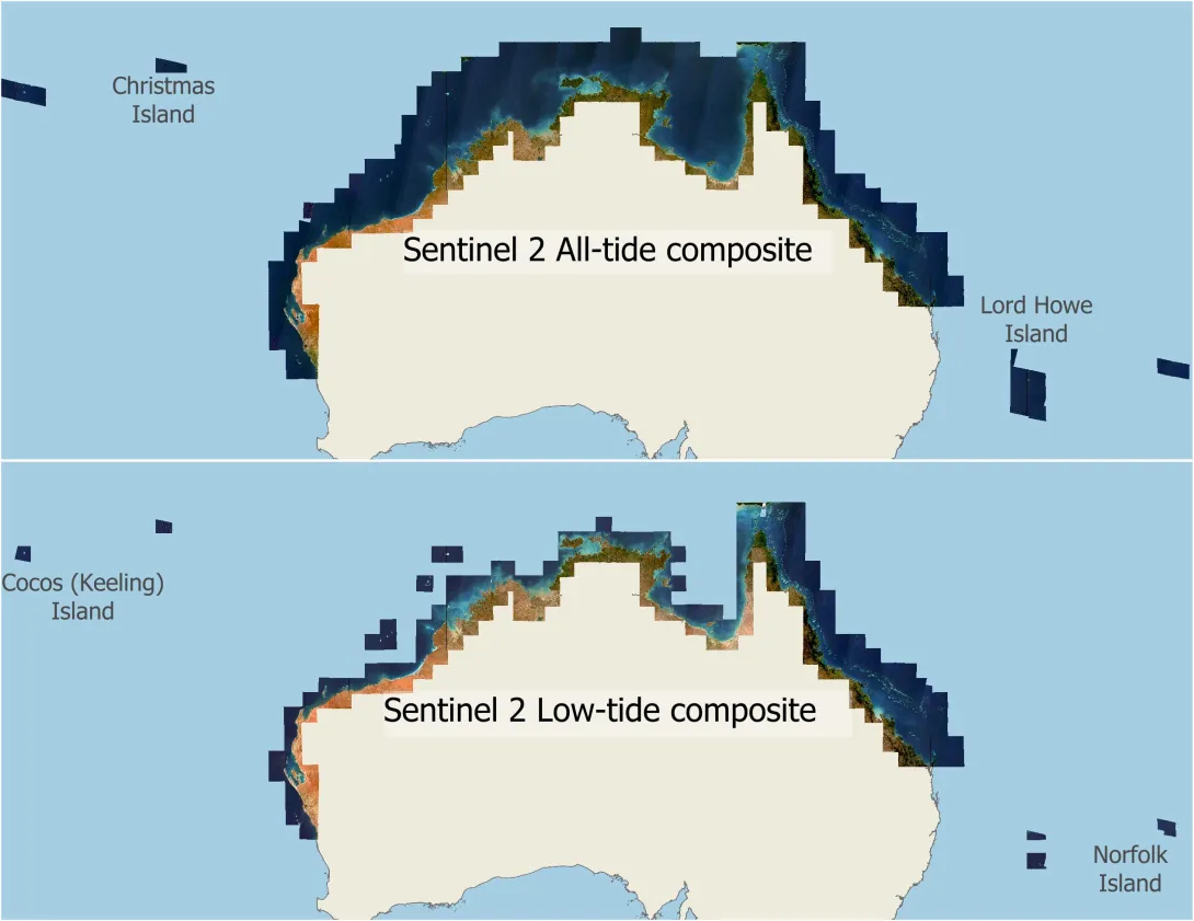 Preview map of the Sentinel 2 All-tide and Low-tide composite imagery datasets, showing that they span the tropical marine areas of Australia