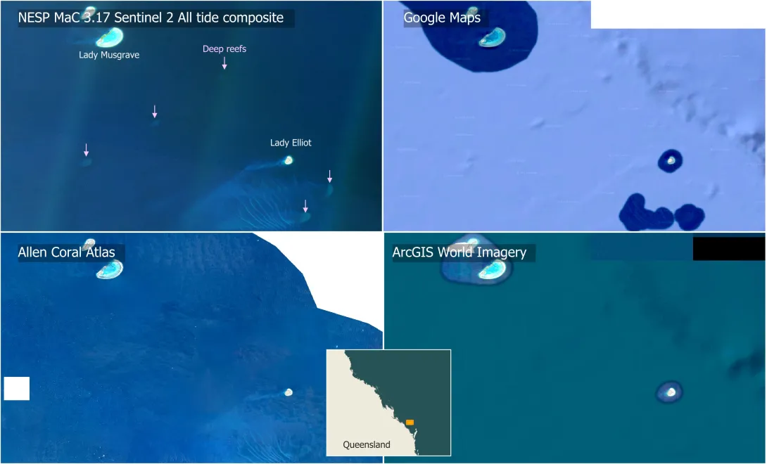 Four panel map comparing the All-tide satellite imagery with Google Maps, Allen Coral Atlas and ArcGIS World Imagery.