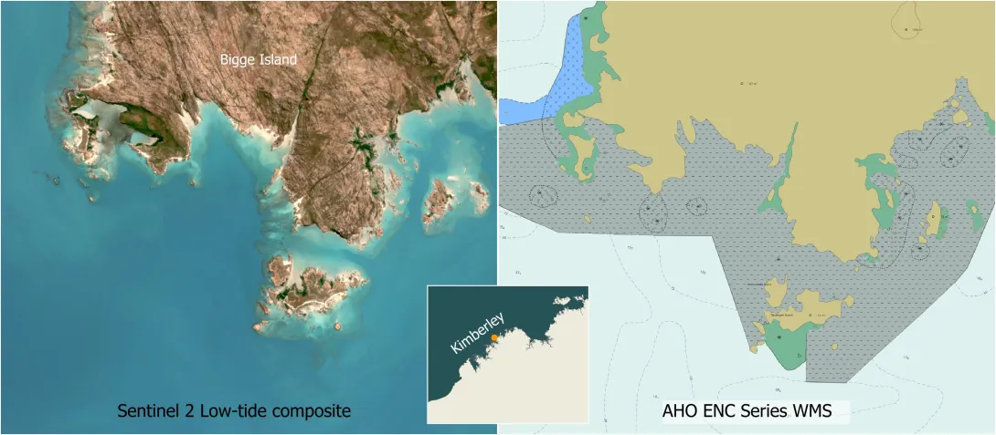 Two map panels of the reefs surrounding Bigge Island. The left map shows a low-tide satellite composite view, the right map shows the AHO Marine Charts, where most of the inshore reefs are greyed out as they are uncharted.